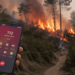 Personne composant le 112 sur un téléphone face à une fumée de feu de forêt