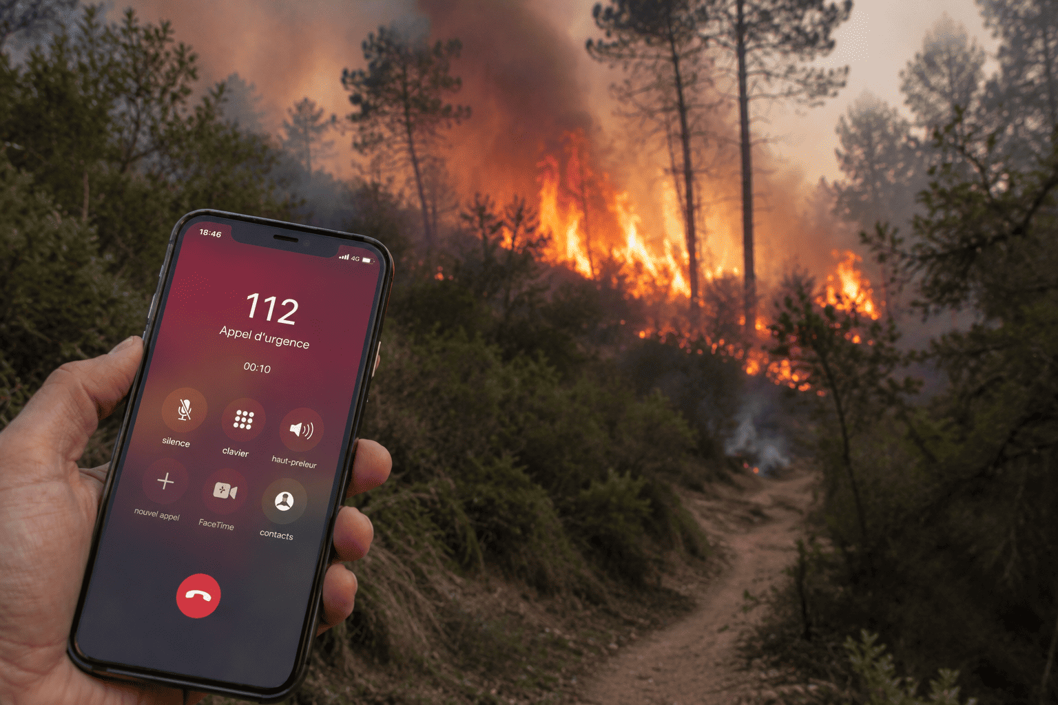 Personne composant le 112 sur un téléphone face à une fumée de feu de forêt