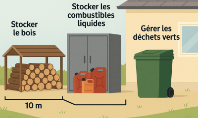Infographie : bois rangé sous abri à 10 m de la maison, bidons de fuel dans armoire métallique, bac à déchets verts fermé