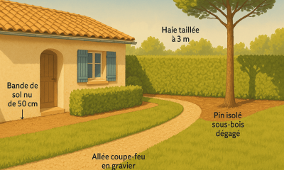 Illustration d’un jardin débroussaillé : bande de sol nu, haie taillée à 3 m, pin isolé sans sous-bois